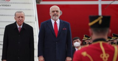 President Recep Tayyip Erdoğan is welcomed by Albanian Prime Minister Edi Rama at Tirana International Airport &quot;Mother Teresa&quot; during his one-day visit, in Tirana, Albania, Jan. 17, 2022. (Reuters Photo)