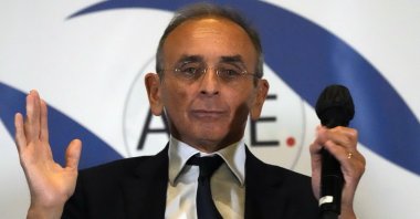 French far-right presidential candidate Eric Zemmour gives a press conference at the Foreign Press Association headquarters, in Paris, Monday, Jan. 17, 2022. (AP Photo)