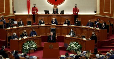 President Recep Tayyip Erdoğan (C) during a speech in the Albanian Parliament in Tirana, Albania, 17 January 2022. (EPA Photo)