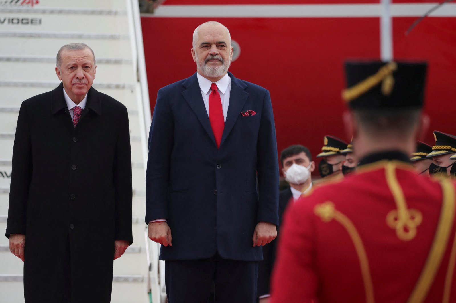 President Recep Tayyip Erdoğan is welcomed by Albanian Prime Minister Edi Rama at Tirana International Airport &quot;Mother Teresa&quot; during his one-day visit, in Tirana, Albania, Jan. 17, 2022. (Reuters Photo)