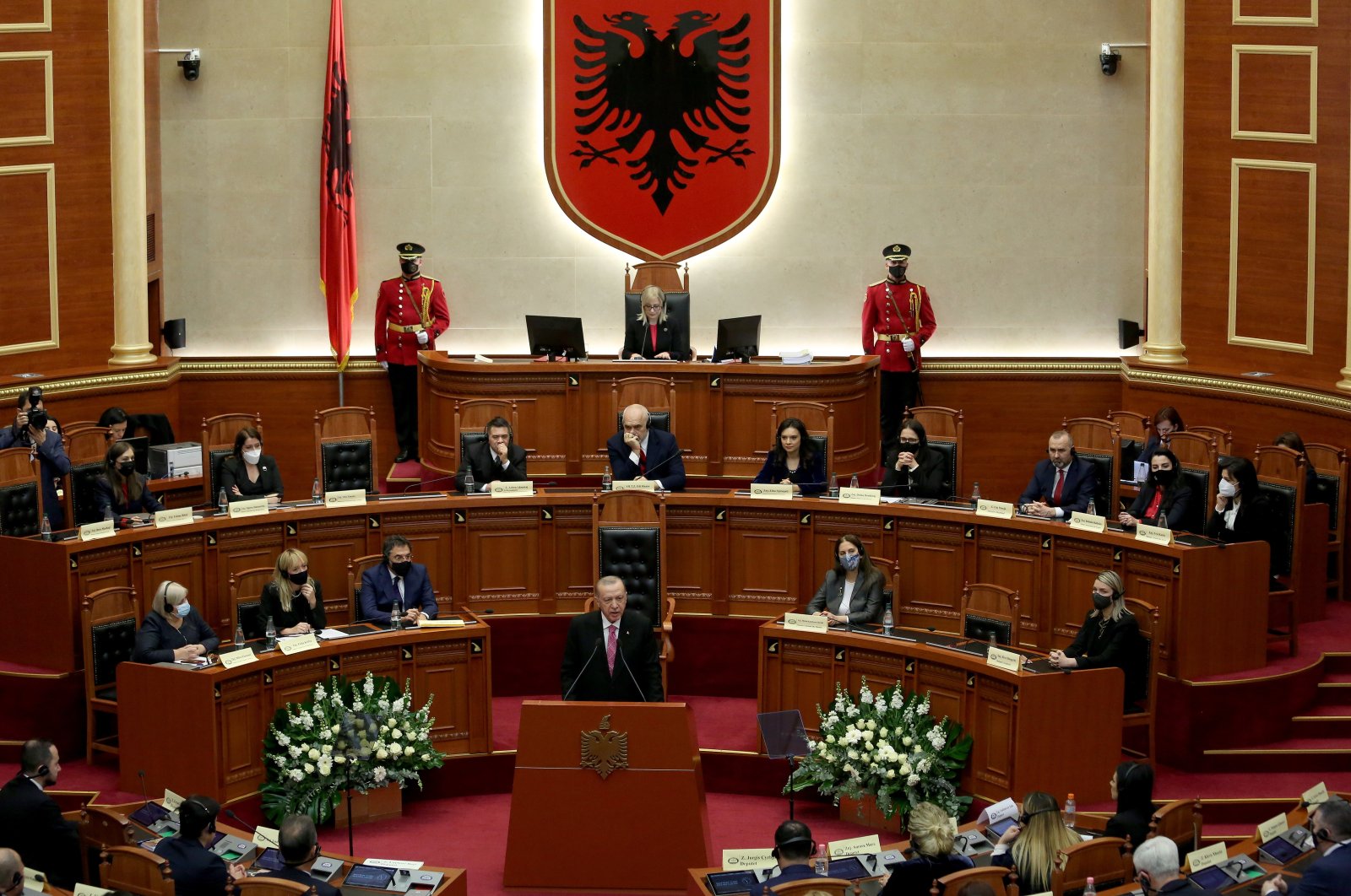 President Recep Tayyip Erdoğan (C) during a speech in the Albanian Parliament in Tirana, Albania, 17 January 2022. (EPA Photo)