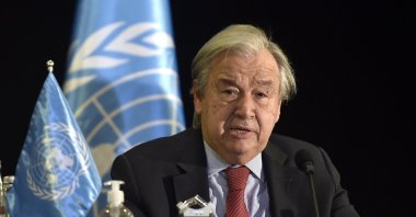 Antonio Guterres, Secretary-General of the United Nations, speaks during a press conference at the end of his visit to Lebanon, in Beirut, Lebanon, Dec. 21, 2021. (EPA Photo)