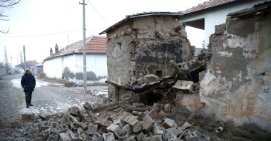 A view of a wall which collapsed during the earthquake in Sarıoğlan, in Kayseri, central Turkey, Jan. 18, 2022. (AA PHOTO)