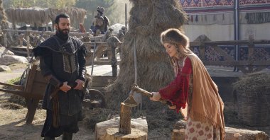 Actor Barış Arduç as Alp Arslan (L) and actress Fahriye Evcen as Akça Hatun in a still shot from "Alparslan: Büyük Selçuklu."