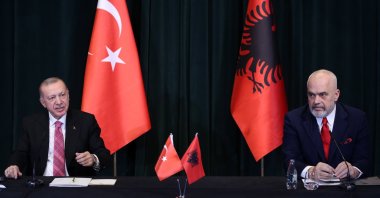President Recep Tayyip Erdoğan (L) during a press conference with Albanian Prime Minister Edi Rama (R) in Tirana, Albania, Jan. 17, 2022. (EPA Photo)