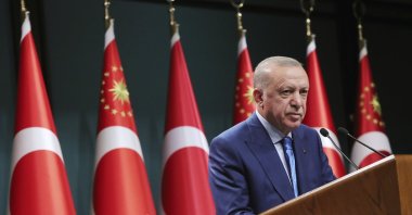 President Recep Tayyip Erdoğan speaks during a televised address following a cabinet meeting, in Ankara, Turkey, Aug. 19, 2021. (Turkish Presidency via AP, Pool)
