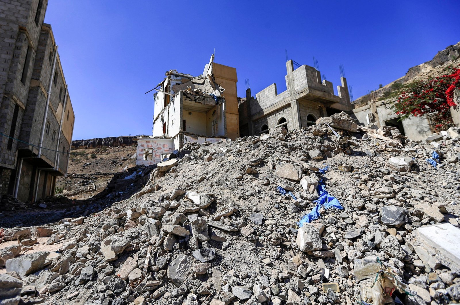A view of the rubble at the former house of Yemeni girl Buthaina al-Rimi, whose home was destroyed by an 2017 airstrike in the capital Sanaa, killing all her family members and injuring her face, Yemen, Dec. 27, 2018. (AFP Photo)