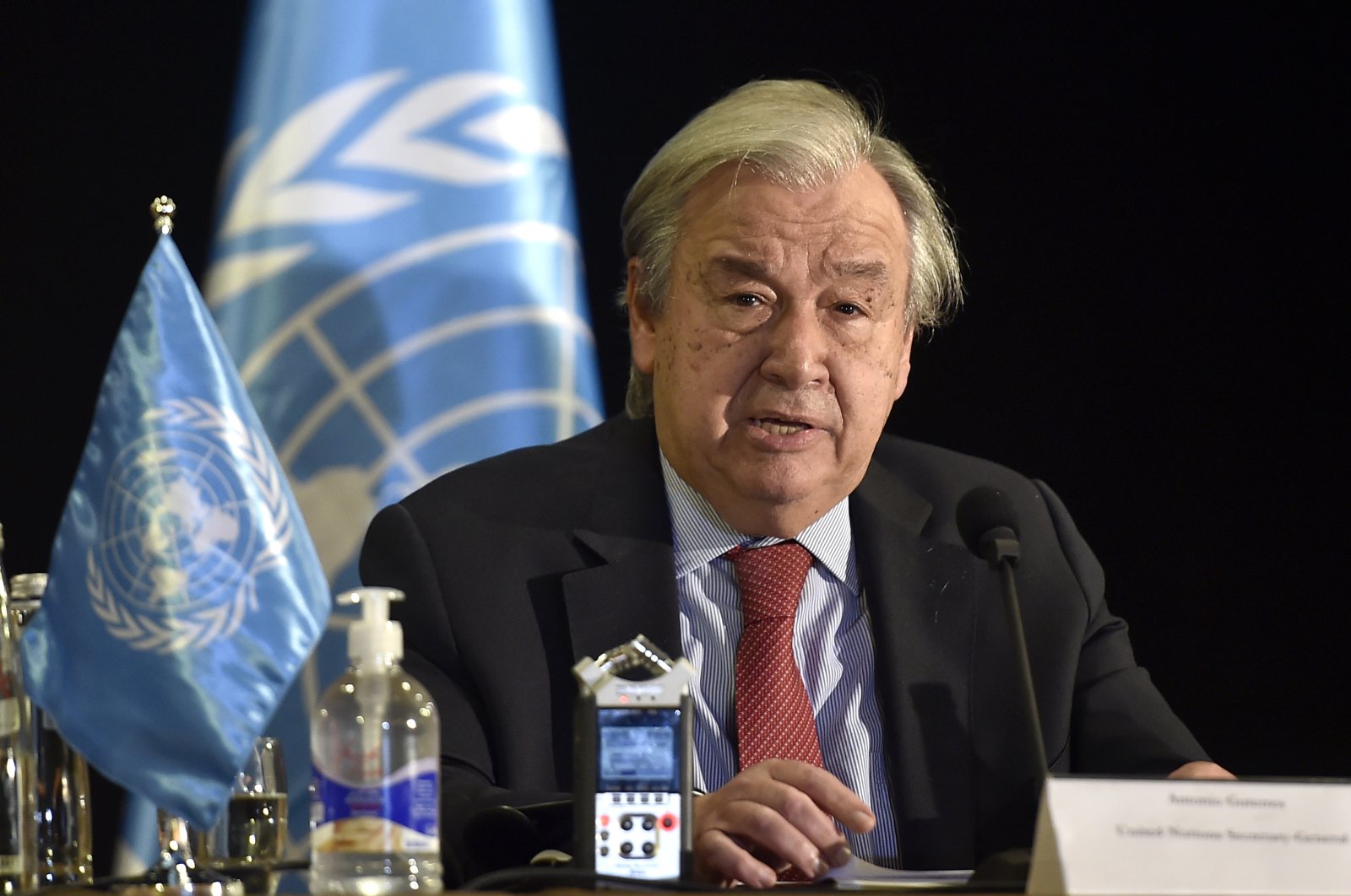 Antonio Guterres, Secretary-General of the United Nations, speaks during a press conference at the end of his visit to Lebanon, in Beirut, Lebanon, Dec. 21, 2021. (EPA Photo)