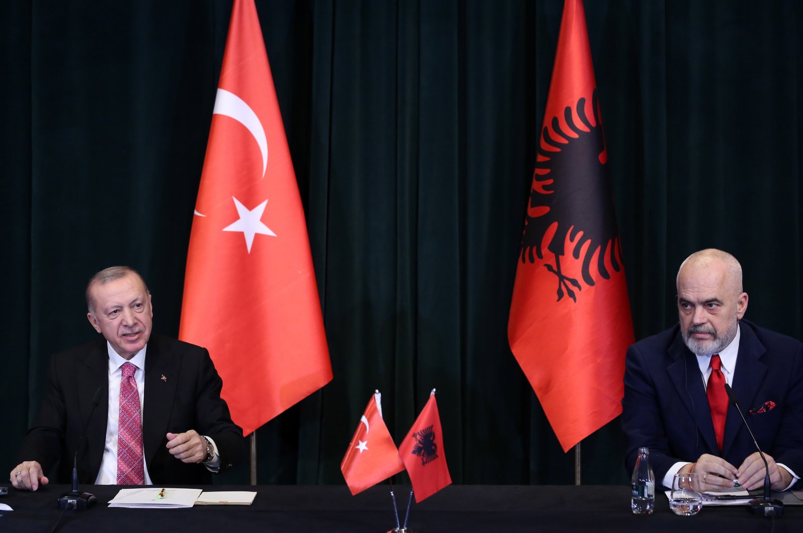 President Recep Tayyip Erdoğan (L) during a press conference with Albanian Prime Minister Edi Rama (R) in Tirana, Albania, Jan. 17, 2022. (EPA Photo)
