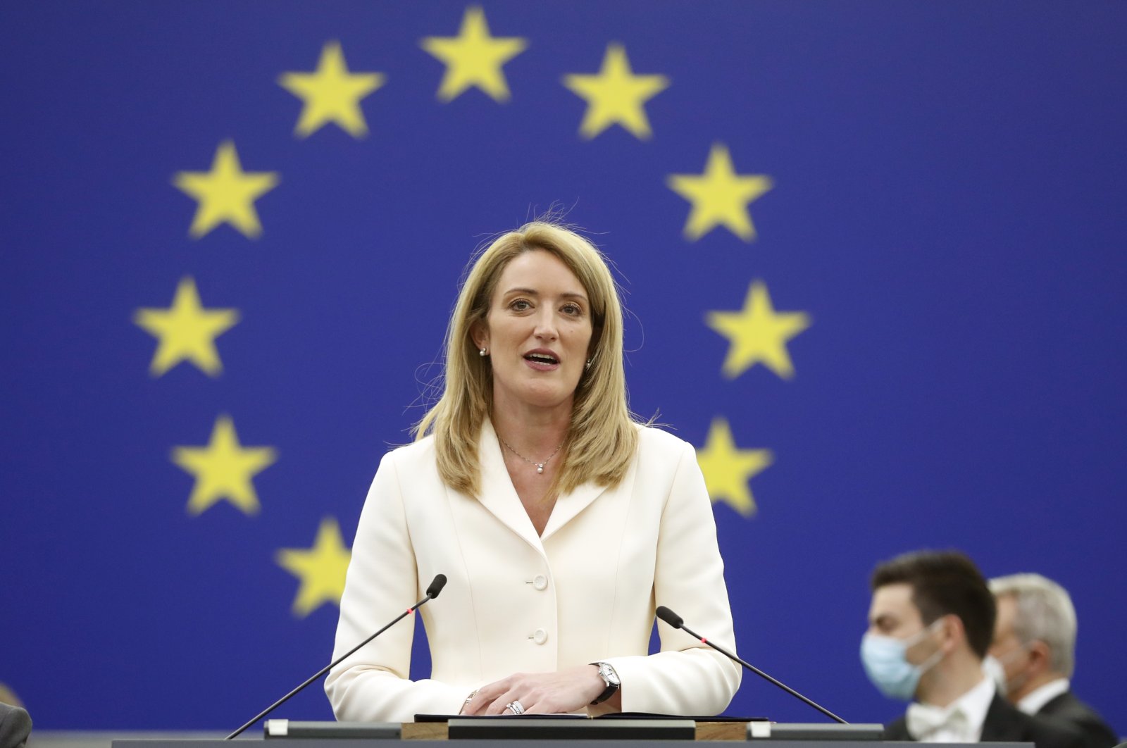 Christian Democrat Roberta Metsola of Malta delivers a speech at the European Parliament, in Strasbourg, eastern France, Jan 18, 2022. (AP Photo)
