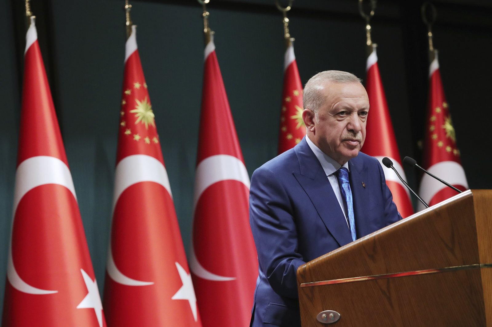 President Recep Tayyip Erdoğan speaks during a televised address following a cabinet meeting, in Ankara, Turkey, Aug. 19, 2021. (Turkish Presidency via AP, Pool)