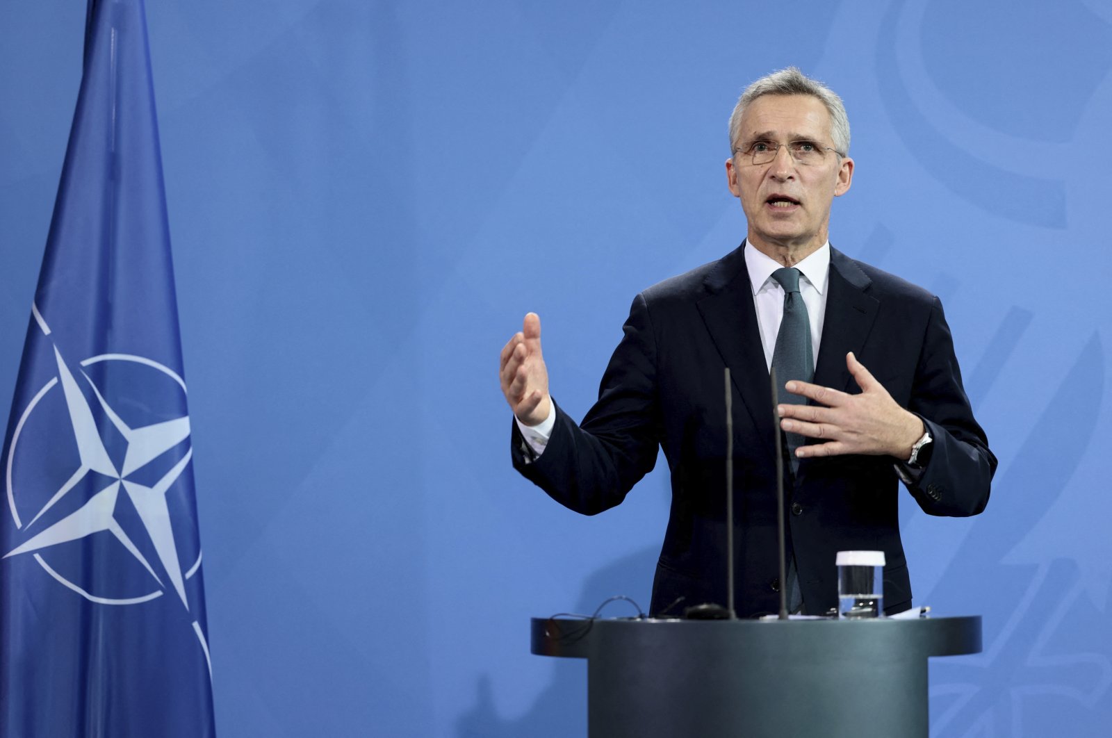 NATO Secretary General Jens Stoltenberg speaks during a news conference with German Chancellor Olaf Scholz after their talks at the Chancellery in Berlin, Germany, Jan. 18, 2022. (AP Photo)