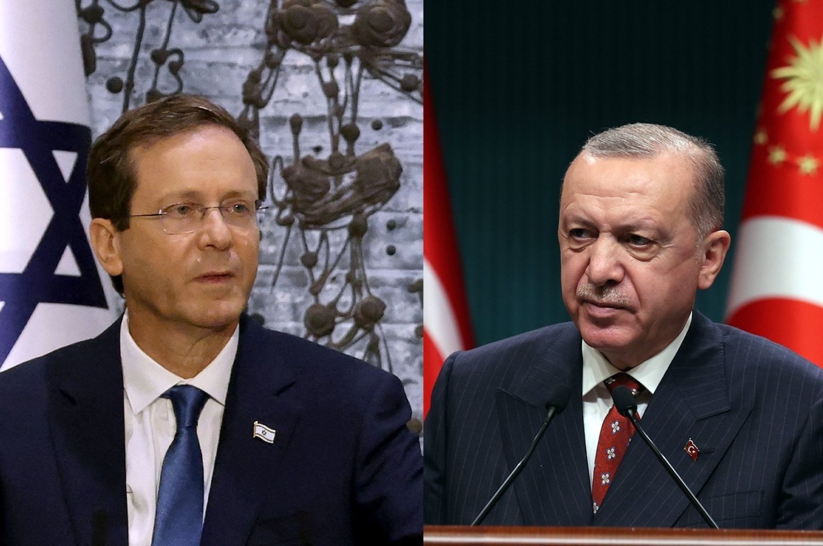 In this photo combination, Israeli President Isaac Herzog (L) looks on during a press conference at the President&#039;s residence in West Jerusalem, Israel, July 7, 2021 and President Recep Tayyip Erdoğan prepares to address a press conference at Ankara&#039;s Presidential Complex, Turkey, July 12, 2021. (Photos by AFP &amp; AA)