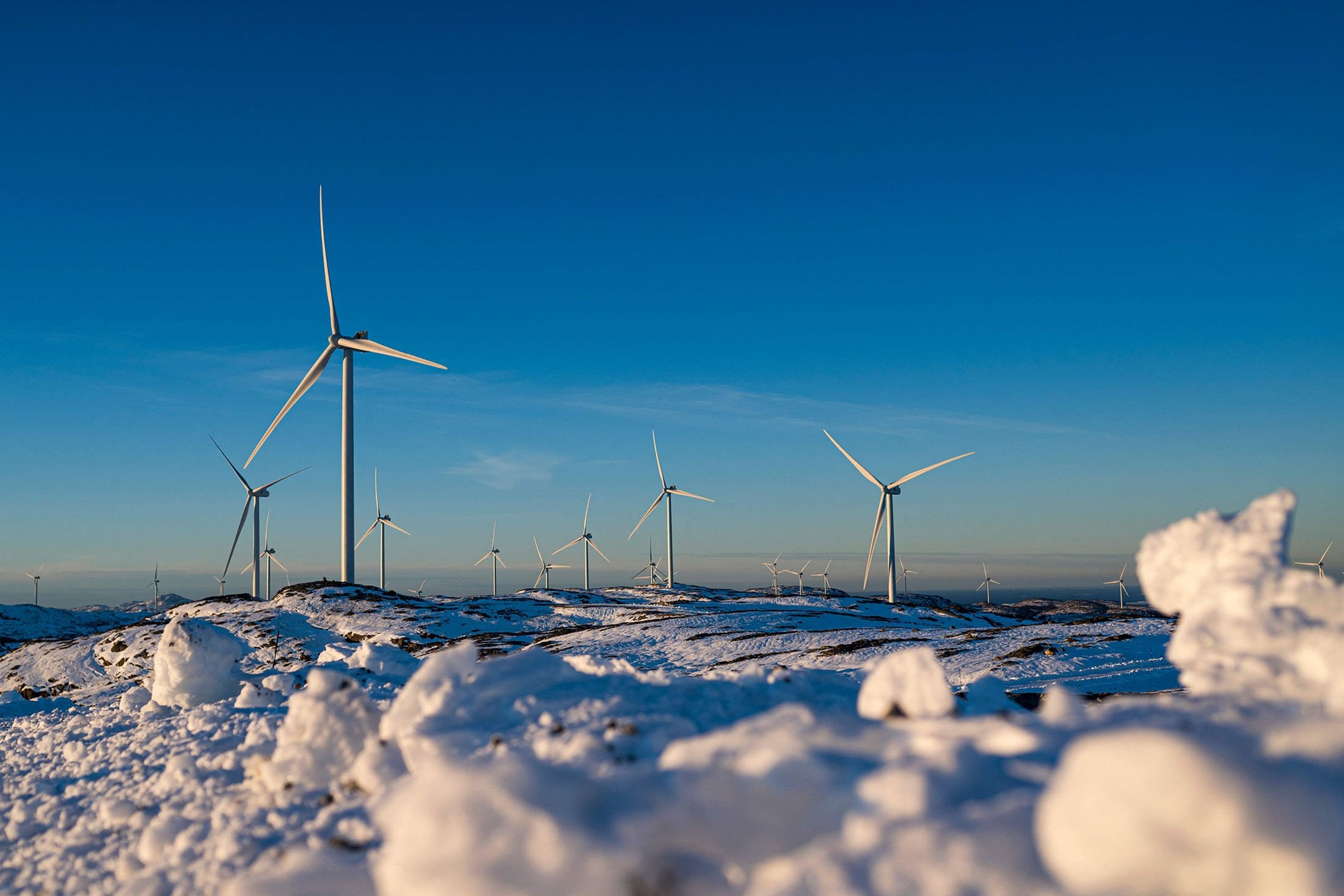 Éoliennes du parc éolien de Storheia, l'un des plus grands parcs éoliens terrestres d'Europe, dans la municipalité d'Afjord, en Norvège, le 7 décembre 2021. (Photo AFP)