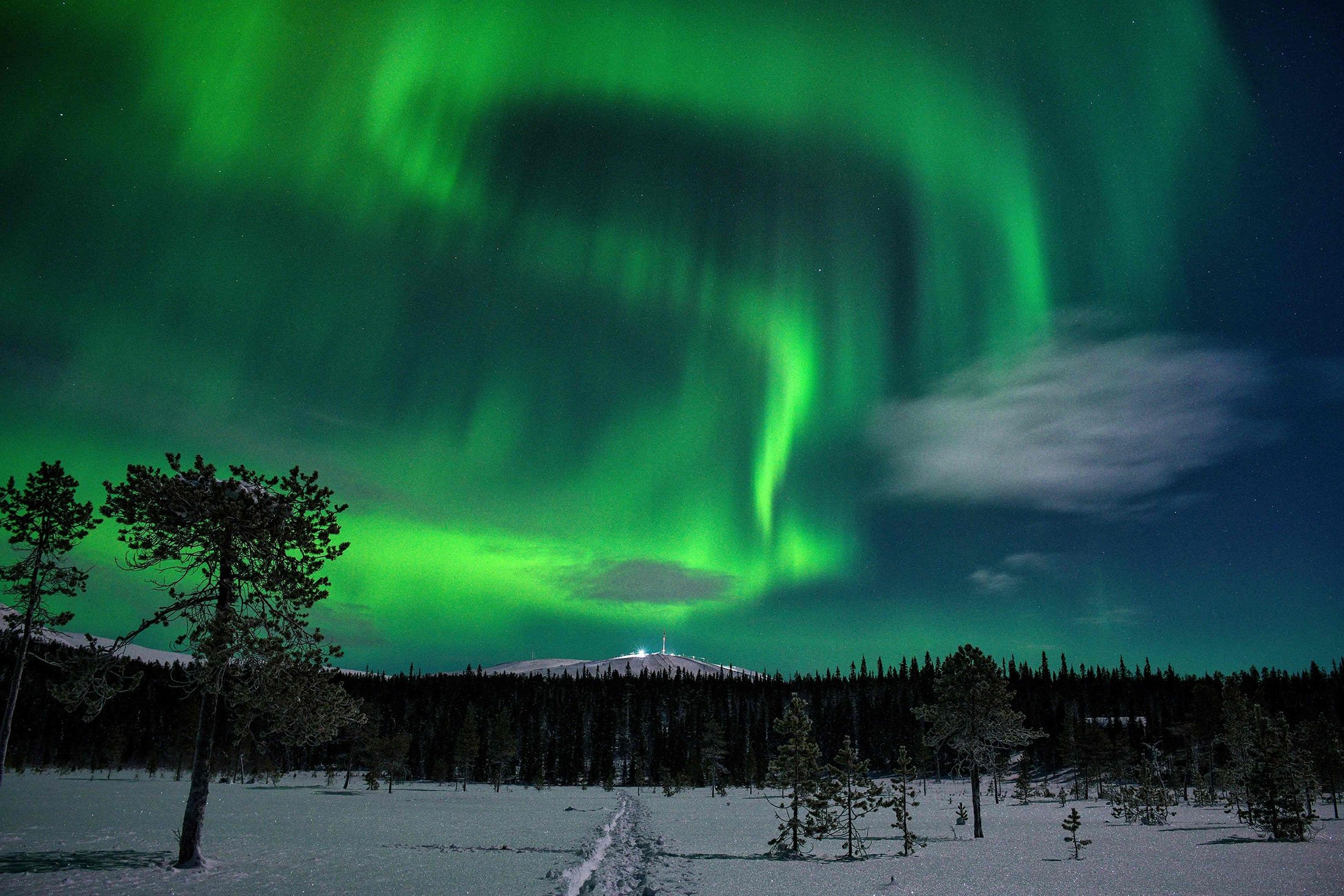 Une aurore boréale, également connue sous le nom d'aurores boréales, illumine le ciel nocturne au-dessus d'Yllas Fell à Kolari, en Laponie finlandaise, le 15 janvier 2022. (Photo AFP)