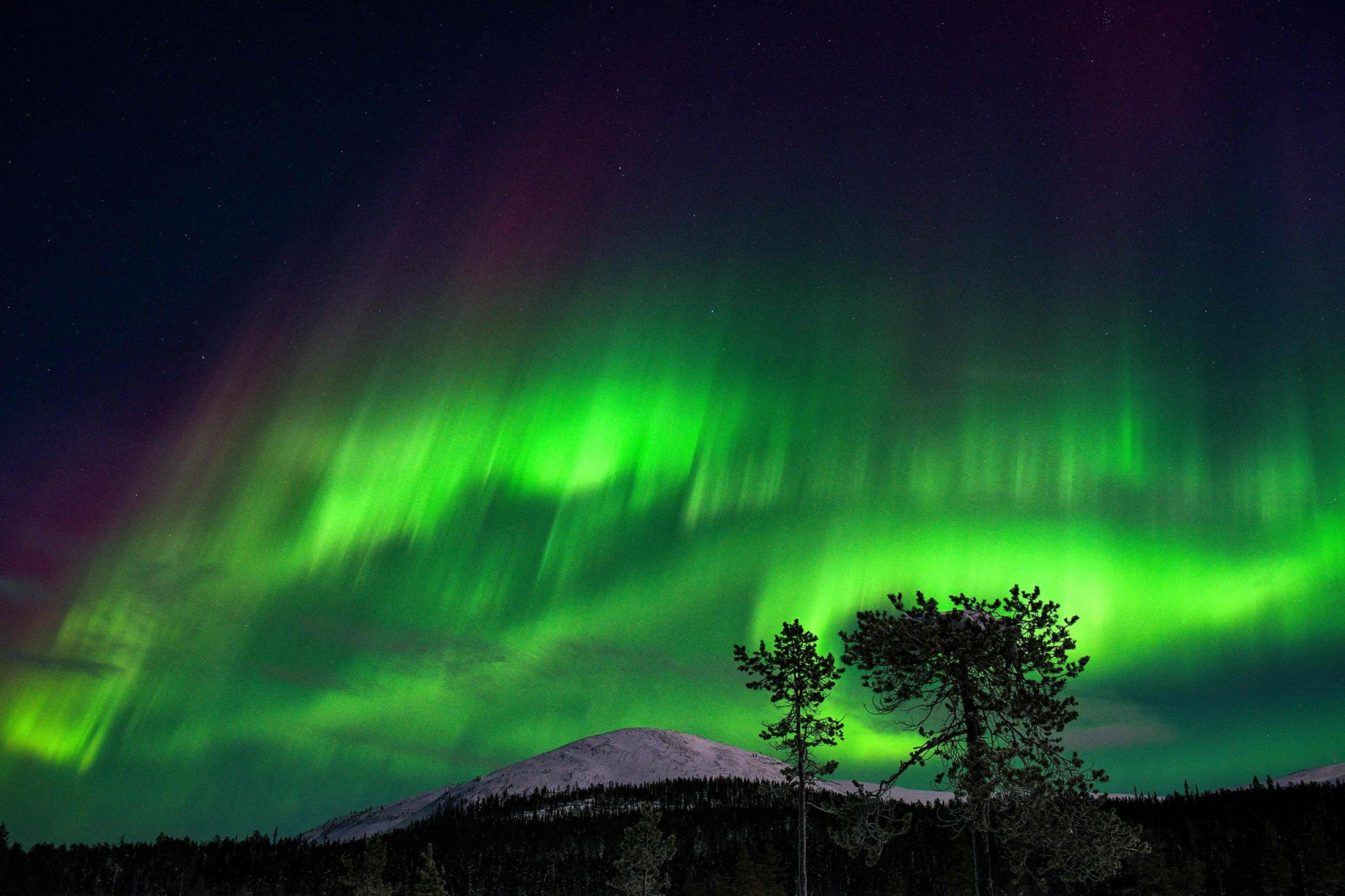 Une aurore boréale, également connue sous le nom d'aurores boréales, illumine le ciel nocturne au-dessus de Kellostapuli Fell à Kolari, en Laponie finlandaise, le 15 janvier 2022. (Photo AFP)
