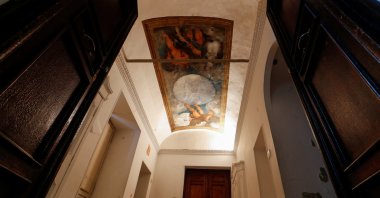 A view of the "Jupiter, Neptune and Pluto" painting by Caravaggio, the Italian master&#039;s only ceiling mural, inside Villa Aurora, Rome, Italy, Nov. 16, 2021. (REUTERS)