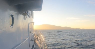 A view of the boat on which 124 irregular migrants were rescued by the Turkish coast guard off Izmir province's Dikili district, Jan. 18, 2022 (AA Photo)