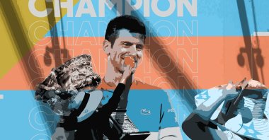 Fan poses with a protective face mask against an image of Serbia&#039;s Novak Djokovic, Melbourne, Australia, Jan. 19, 2022. (Photo by Reuters - edited by Büşra Öztürk)