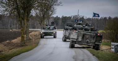 Gotland&#039;s regiment patrols in tanks on the roads in northern Gotland, Sweden, Jan. 16, 2022. (AFP Photo)