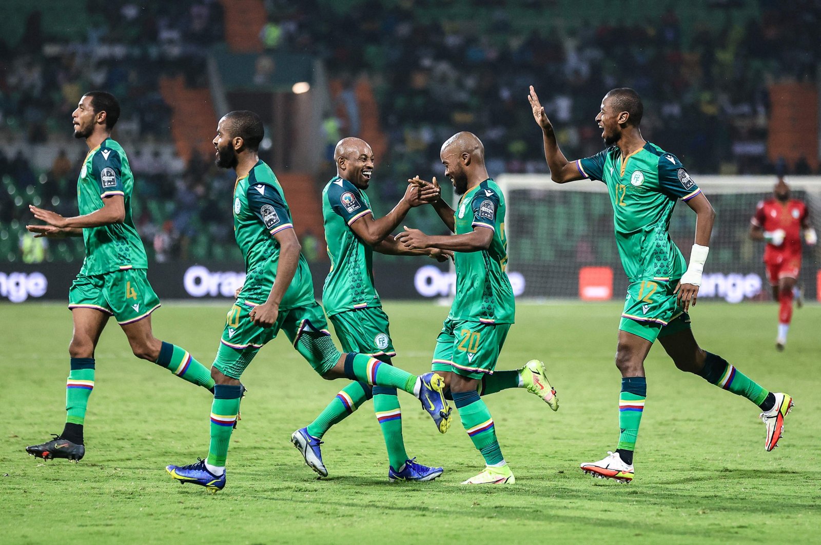 Comoros forward Ahmed Mogni (2nd R) celebrates with teammates after scoring a goal in an Africa Cup of Nations 2021 match against Ghana, Garoua, Cameroon, Jan. 18, 2022. (AFP Photo)