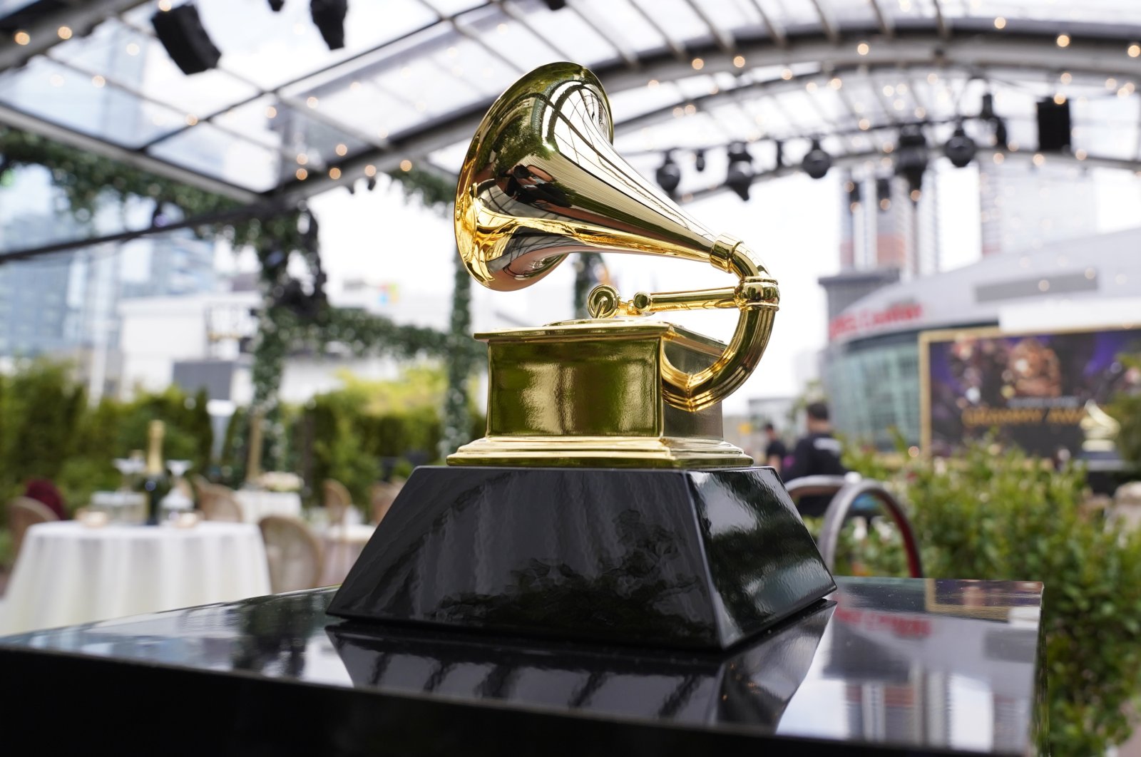 A decorative Grammy is seen before the start of the 63rd annual Grammy Awards in Los Angeles, U.S., March 14, 2021. (AP)