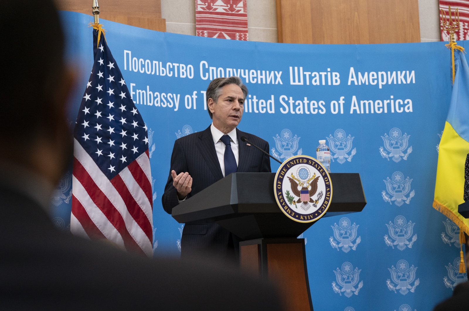 United States Secretary of State Antony Blinken speaks as he greets embassy staff at the U.S. embassy, in Kyiv, Ukraine, Jan. 19, 2022. (AP Photo)