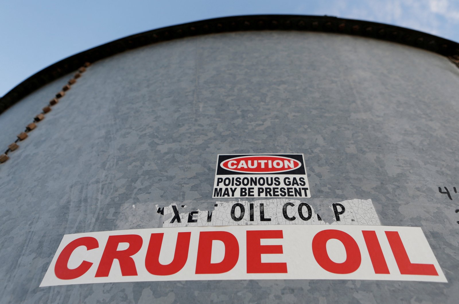 A sticker reads crude oil on the side of a storage tank in the Permian Basin in Mentone, Loving County, Texas, U.S., Nov. 22, 2019. (Reuters Photo)