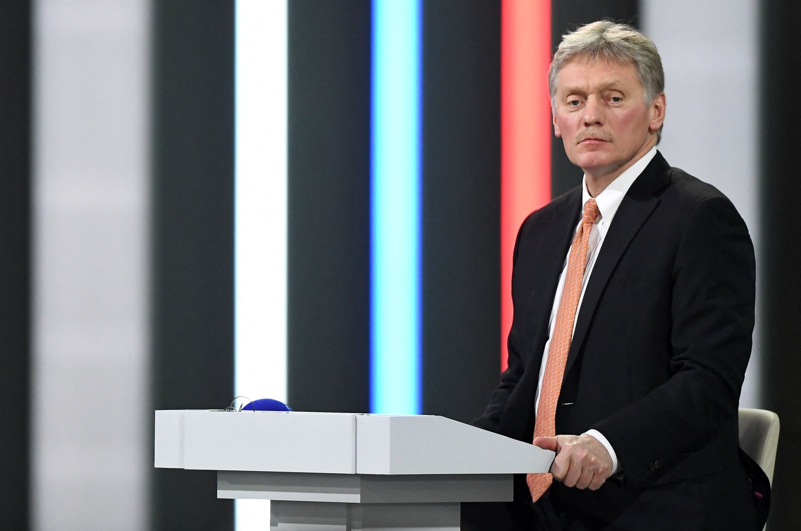 In this file photo taken on December 23, 2021, Kremlin spokesman Dmitry Peskov moderates Russian President Vladimir Putin&#039;s annual press conference at the Manezh exhibition hall in central Moscow. (AFP Photo)