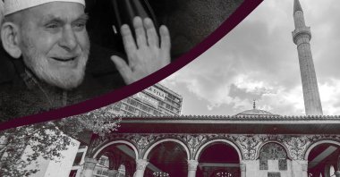 In this photo illustration prepared by Büşra Öztürk, an elderly Albanian man is seen on the left crying at the inauguration ceremony of the Ottoman-era Ethem Bey Mosque seen on the right, Tirana, Albania, Jan. 20, 2022. (Daily Sabah Photo)