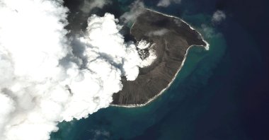A satellite image shows an overview of Hunga Tonga Hunga Ha&#039;apai volcano in Tonga, Dec. 24, 2021. (Maxar Technologies via AP)
