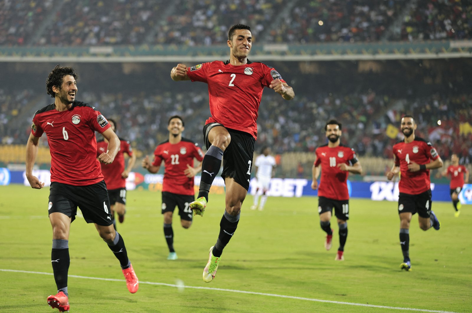 Egypt&#039;s Mohamed Abdelmonem (C) celebrates scoring a goal in a Cup of Nations match against Sudan, Yaounde, Cameroon, Jan. 19, 2022.