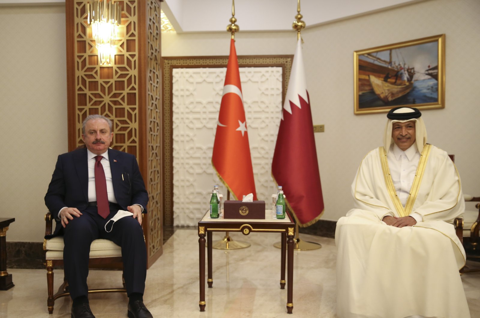 Parliament Speaker Mustafa Şentop (L) and his Qatari counterpart Hassan bin Abdullah Al Ghanim in Doha, Qatar, Jan. 19, 2022. (AA Photo)