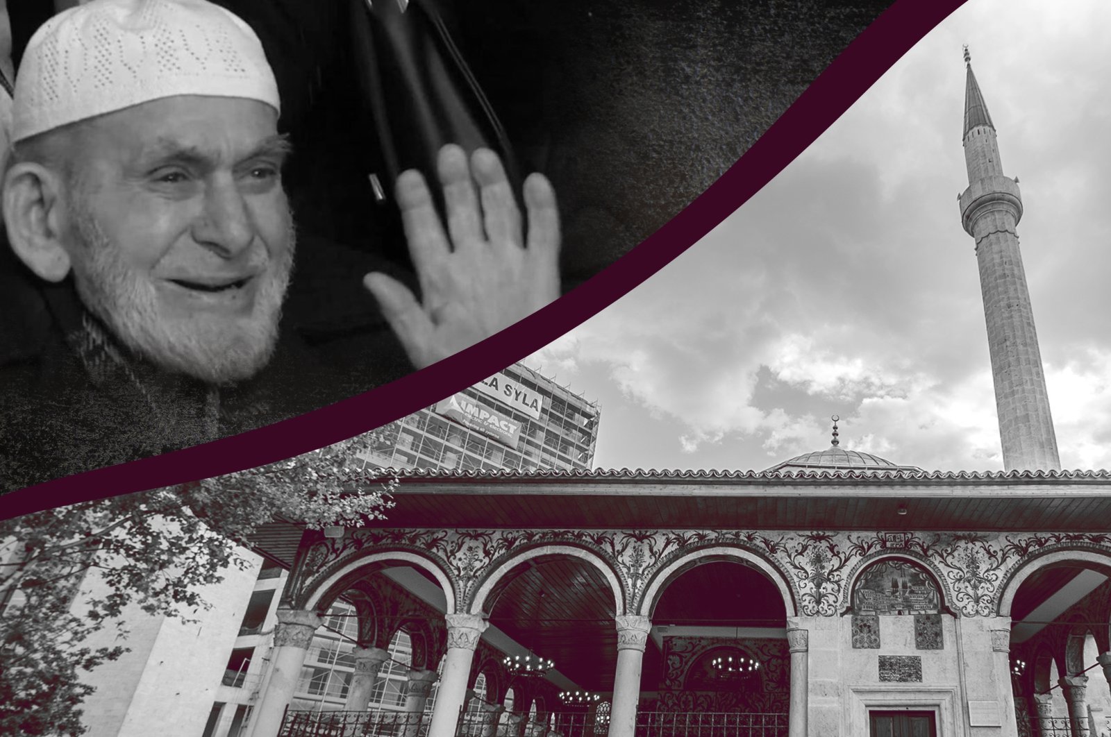 In this photo illustration prepared by Büşra Öztürk, an elderly Albanian man is seen on the left crying at the inauguration ceremony of the Ottoman-era Ethem Bey Mosque seen on the right, Tirana, Albania, Jan. 20, 2022. (Daily Sabah Photo)