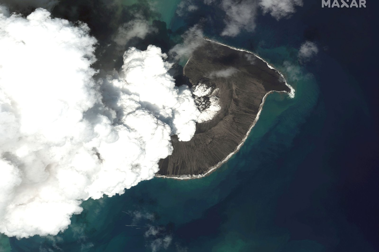 A satellite image shows an overview of Hunga Tonga Hunga Ha&#039;apai volcano in Tonga, Dec. 24, 2021. (Maxar Technologies via AP)