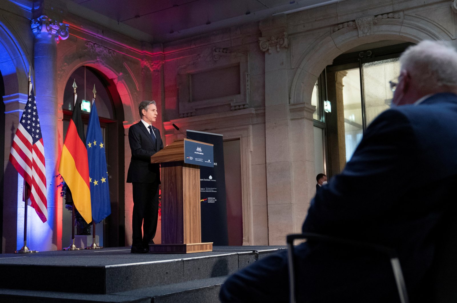 U.S. Secretary of State Antony Blinken speaks at the Berlin-Brandenburg Academy of Sciences and Humanities following his talks on the Ukraine crisis in Berlin, Germany, Jan. 20, 2022. (REUTERS Photo)