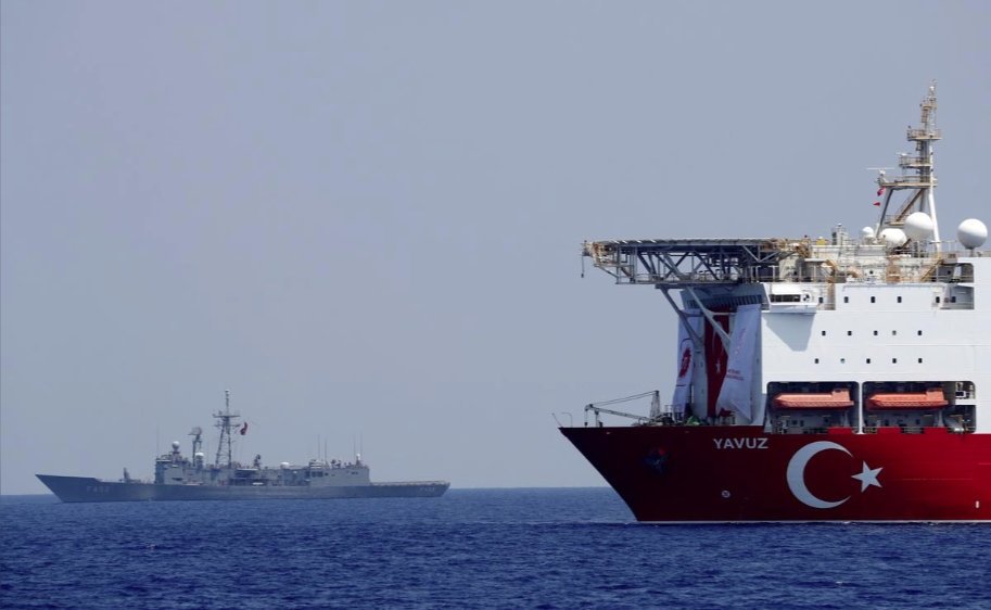 The drilling vessel Yavuz is escorted by the Turkısh navy frigate TCG Gemlik (F-492) in the Eastern Mediterranean off Cyprus, Aug. 6, 2019.
