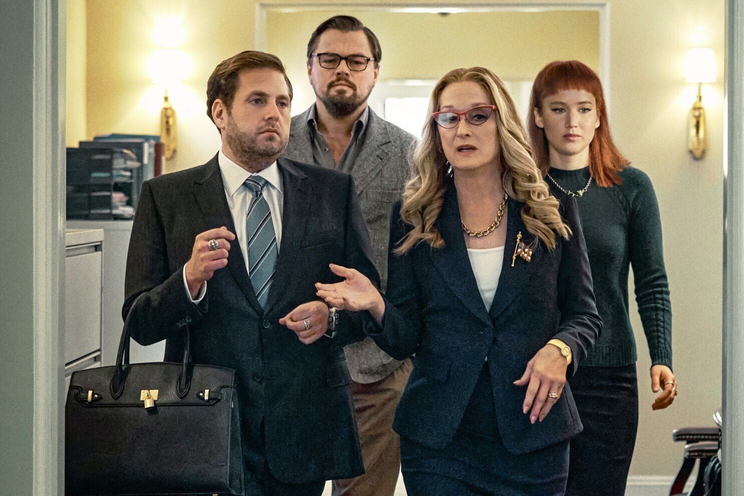 From left to right, Jonah Hill, Leonardo DiCaprio, Meryl Streep and Jennifer Lawrence in a still shot from "Don&#039;t Look Up". 