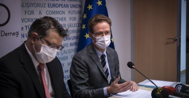 Nikolaus Meyer-Landrut (R), head of the European Union Delegation to Turkey, speaks to reporters from the Diplomatic Correspondents Association of Turkey, Ankara, Turkey, Jan. 20, 2021. (AA Photo)