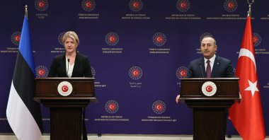 Foreign Minister Mevlüt Çavuşoğlu (R) and Estonia's Foreign Minister Eva-Maria Liimets speak during a joint press conference in the capital Ankara, Turkey, Jan. 20, 2022. (AA Photo)