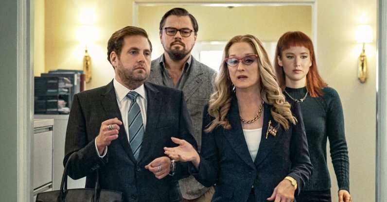 From left to right, Jonah Hill, Leonardo DiCaprio, Meryl Streep and Jennifer Lawrence in a still shot from "Don't Look Up". 