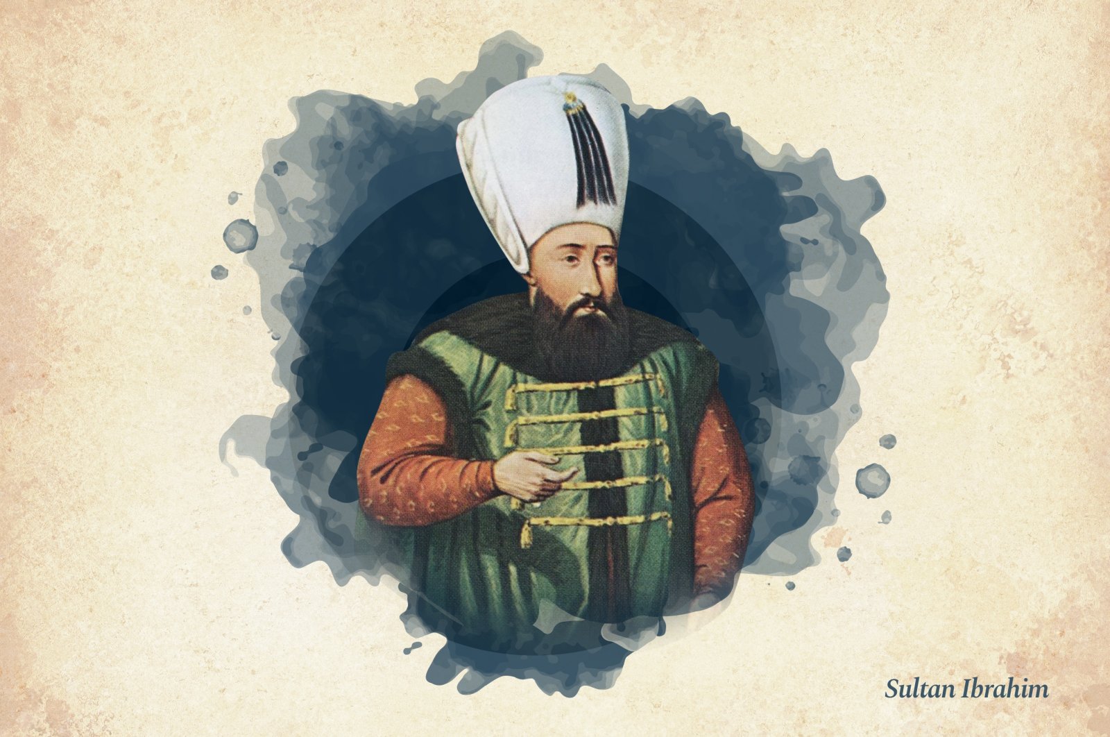 This illustration shows Sultan Ibrahim I, the 18th ruler of the Ottoman Empire. (Wikimedia / edited by Büşra Öztürk)