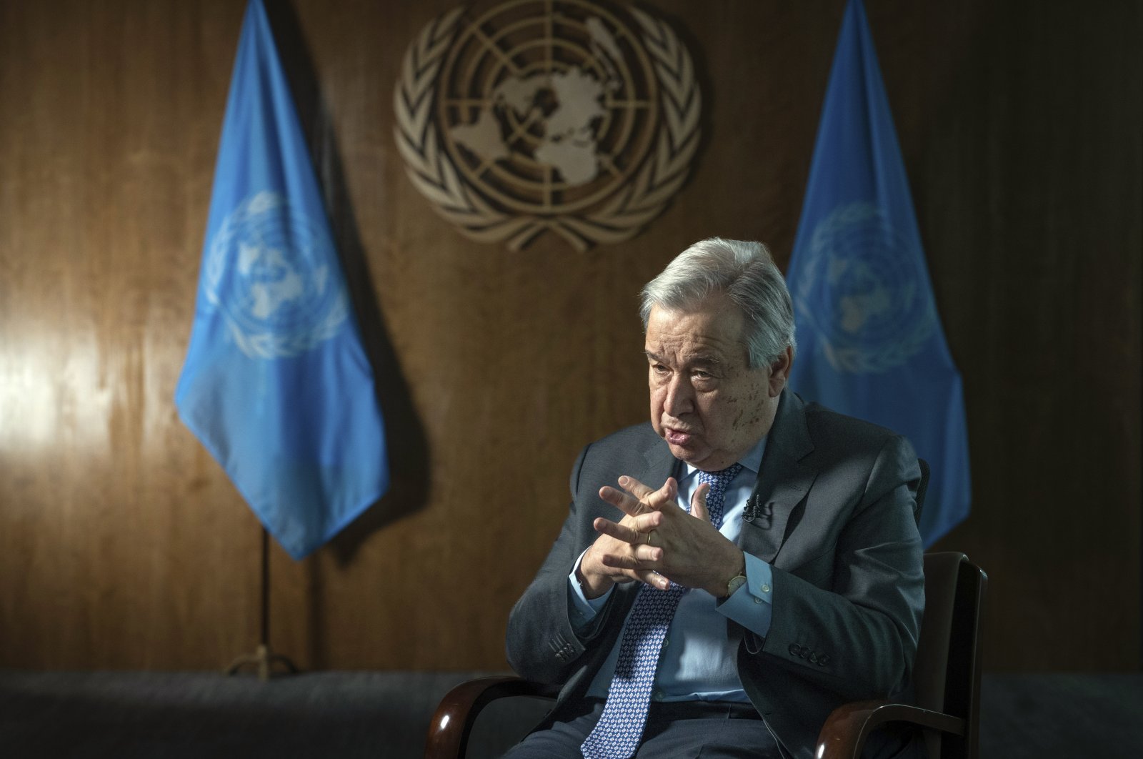 United Nations Secretary-General Antonio Guterres speaks during an interview at the U.N. headquarters, New York, U.S., Jan. 20, 2022. (AP Photo)