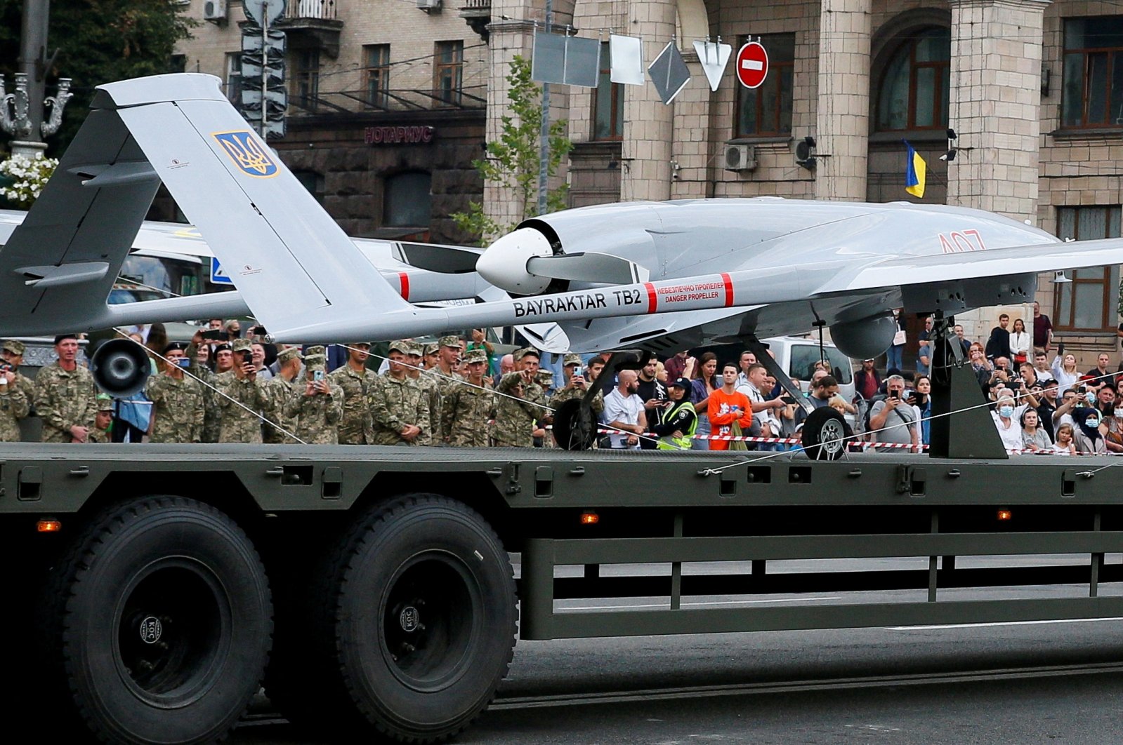A Bayraktar drone seen during a rehearsal for the Independence Day military parade in central Kyiv, Ukraine, Aug. 18, 2021. (Reuters Photo)