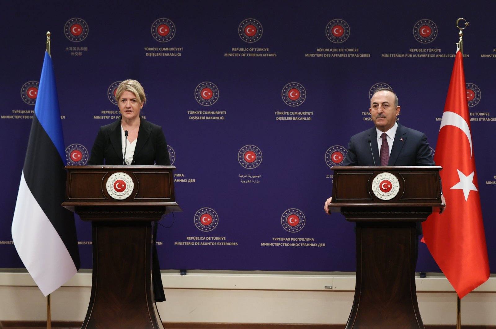 Foreign Minister Mevlüt Çavuşoğlu (R) and Estonia&#039;s Foreign Minister Eva-Maria Liimets speak during a joint press conference in the capital Ankara, Turkey, Jan. 20, 2022. (AA Photo)