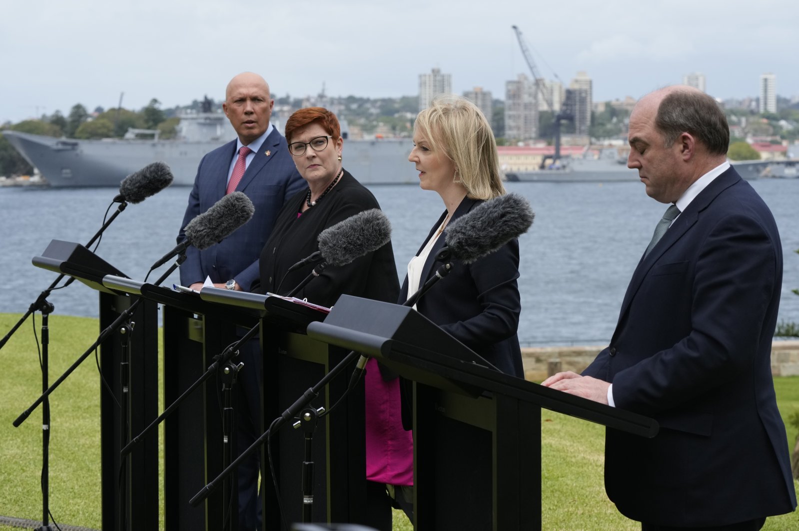 British Foreign Secretary Liz Truss (2R), British Defence Secretary Ben Wallace (R), Australian Foreign Minister Marise Payne and Australian Defence Minister Peter Dutton 9L) hold a press conference following Australia-United Kingdom Ministerial Consultations (AUKMIN) talks at Admiralty House, Sydney, Australia, Jan. 21, 2022. (AP Photo)