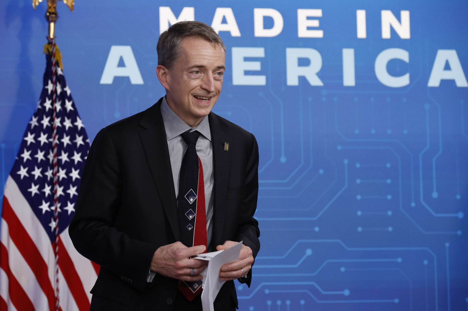 Intel CEO Patrick Gelsinger announces the factory plans, in Ohio in the South Court Auditorium of the Eisenhower Executive Office Building, Washington D.C., Jan. 21, 2022. (AFP Photo)