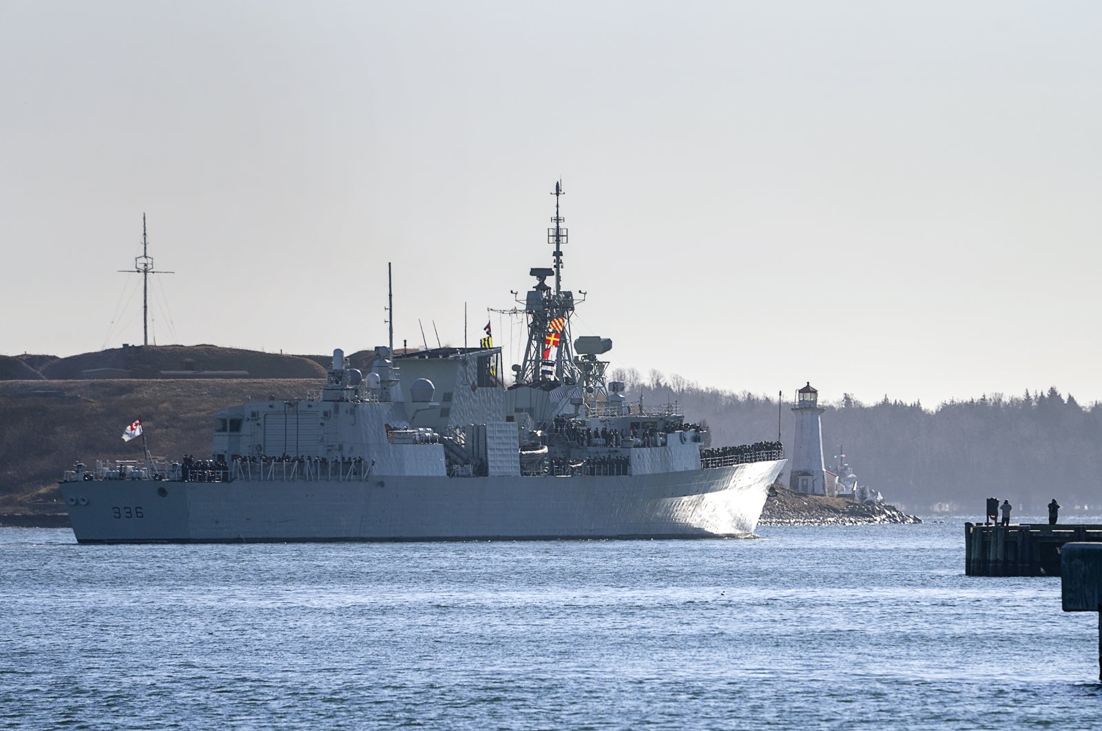 HMCS Montreal departs Halifax for a six-month deployment on a NATO mission in the Mediterranean, Jan. 19, 2022. (AP Photo)