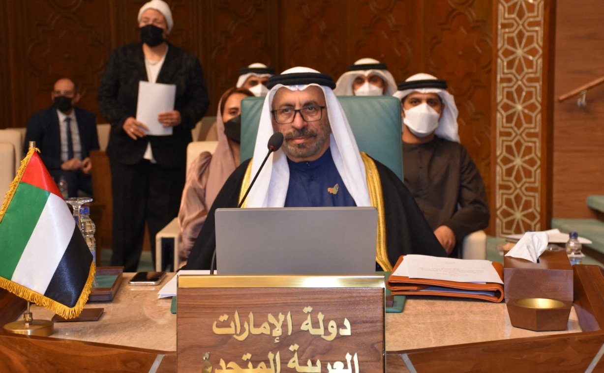 Emirati State Minister Khalifa Shaheen al-Marar (L) speaks during an extraordinary session of the Council of the Arab League States held to discuss the recent attacks against the UAE by Yemen&#039;s Iran-backed Houthi rebels at the league headquarters in the Egyptian capital Cairo, Jan. 23, 2022. (AFP Photo)
