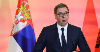 Serbia's President Aleksandar Vucic gestures during a conference of the Open Balkan summit at the Palace of Brigades in Tirana, Albania, Dec. 21, 2021. (Reuters File Photo)